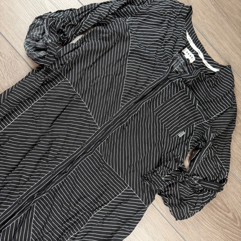 DKNY Womens Shirt Dress Striped Roll Tab Sleeve Black Large